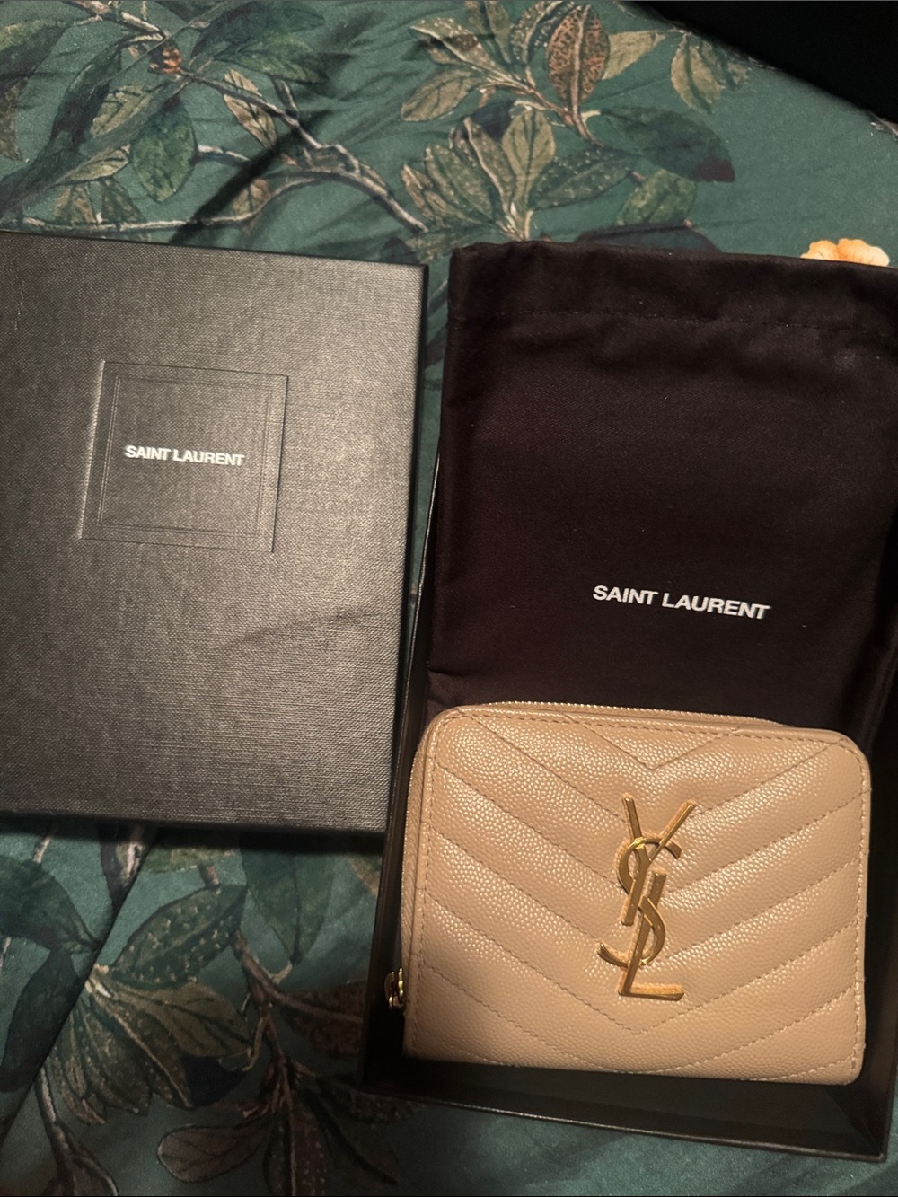 Saint Laurent Beige Quilted YSL Zip Wallet with Gold Logo with Box!!